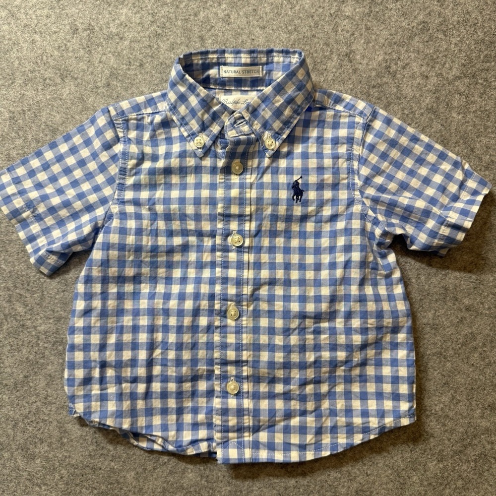 Ralph Lauren Baby Boys Shirt 6M Blue White Gingham Plaid Pony Button Down